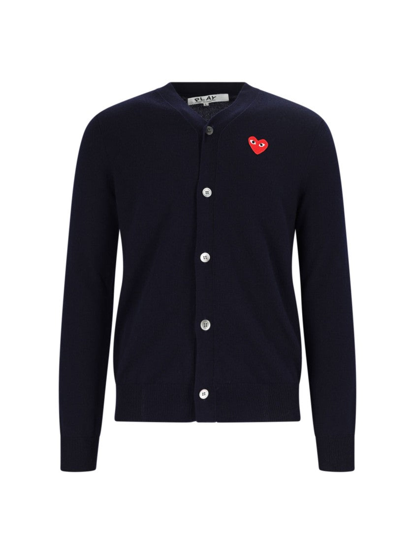 Comme Des Garçons V-Neck Red Heart Patch Blue Wool Cardigan