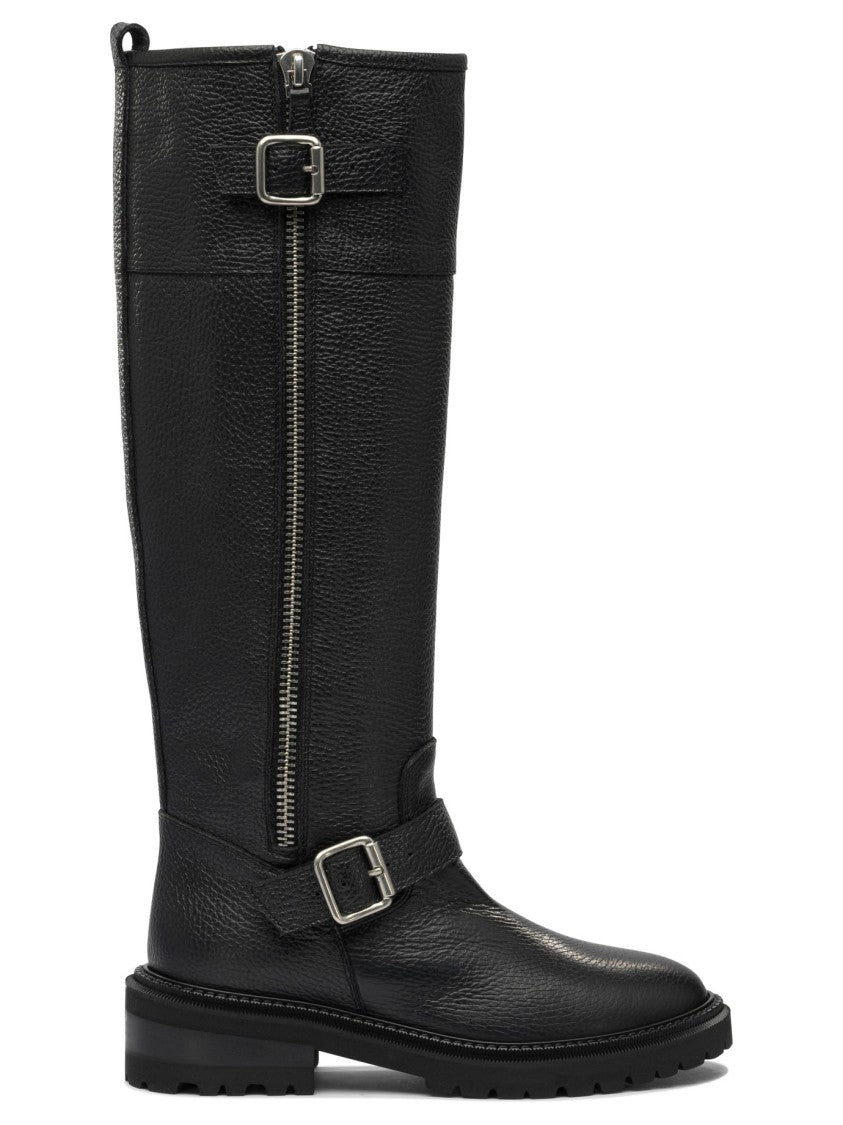 Via Roma 15 Textured Leather Tall Boots With Decorative Buckles