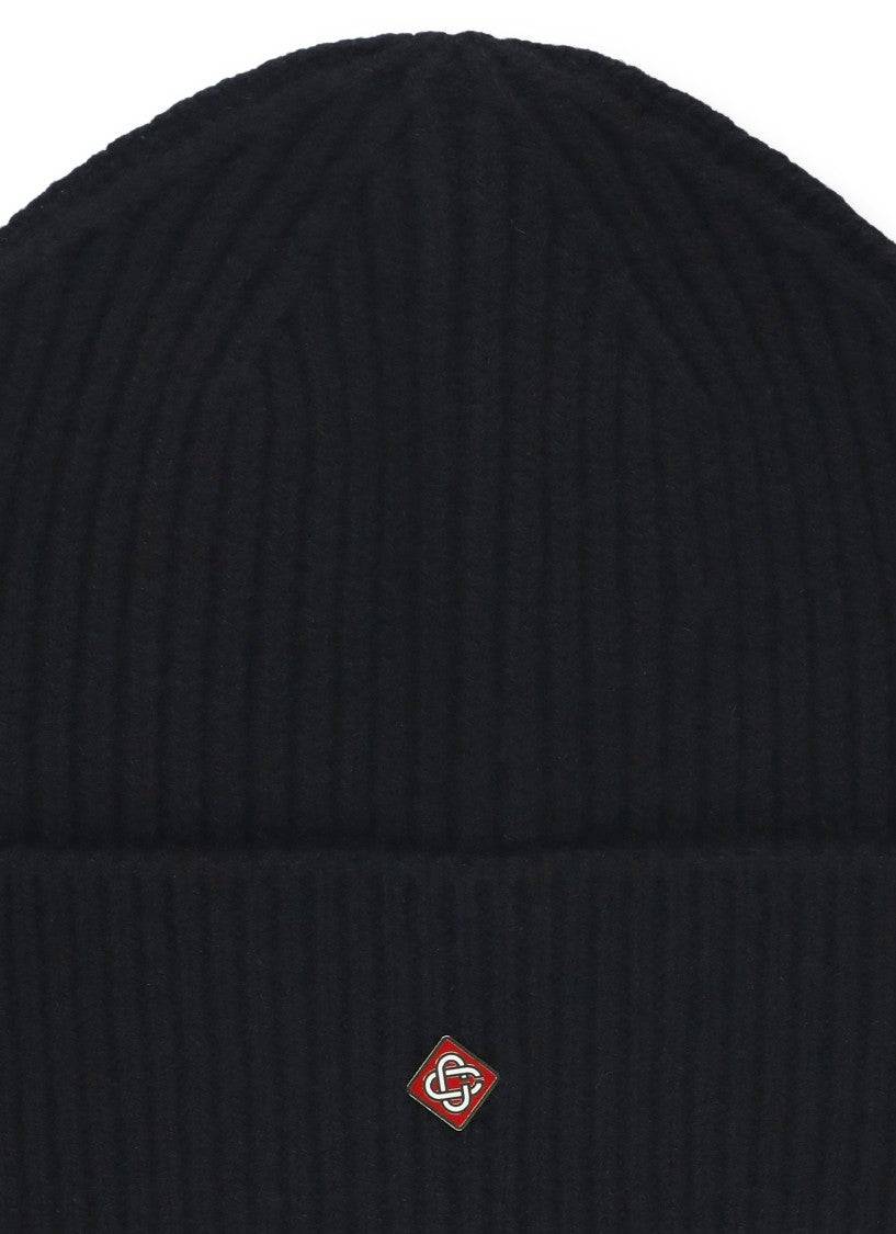 Casablanca Black Folded Cuff Ribbed Wool Hat