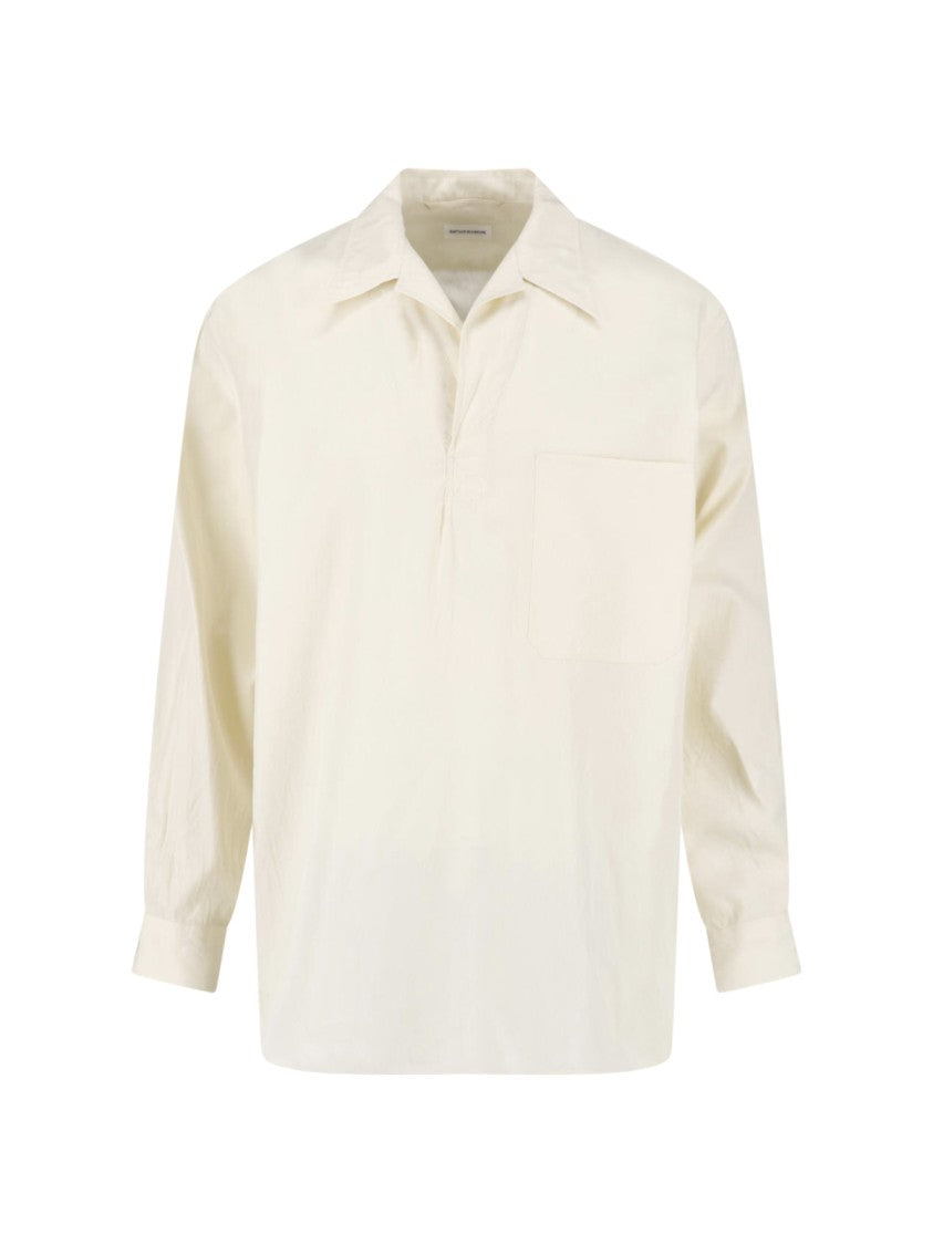 Kaptain Sunshine Cream Cotton-Silk Skipper Collar Patch Shirt
