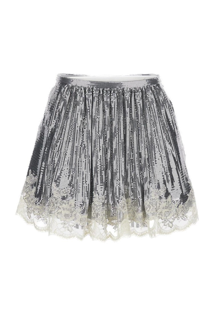 Rabanne Metallic Mesh Mini Skirt With Lace Trim