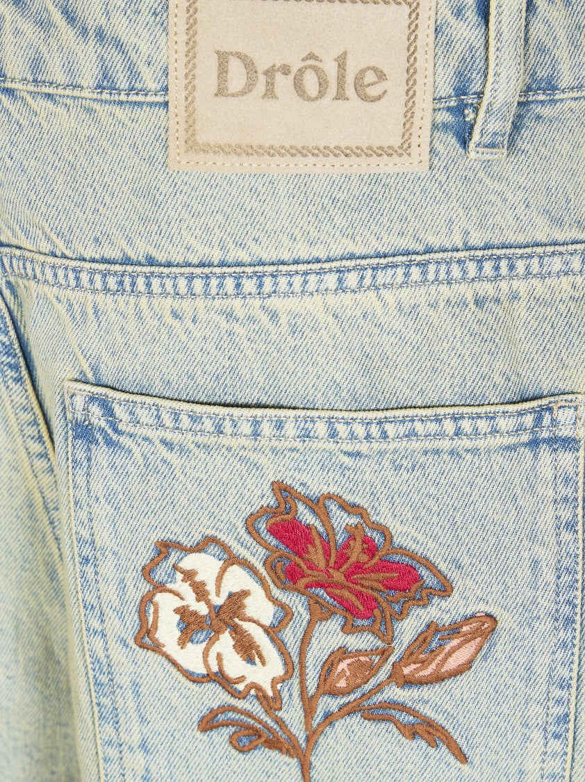Drôle De Monsieur Light Wash Floral Embroidered Shorts