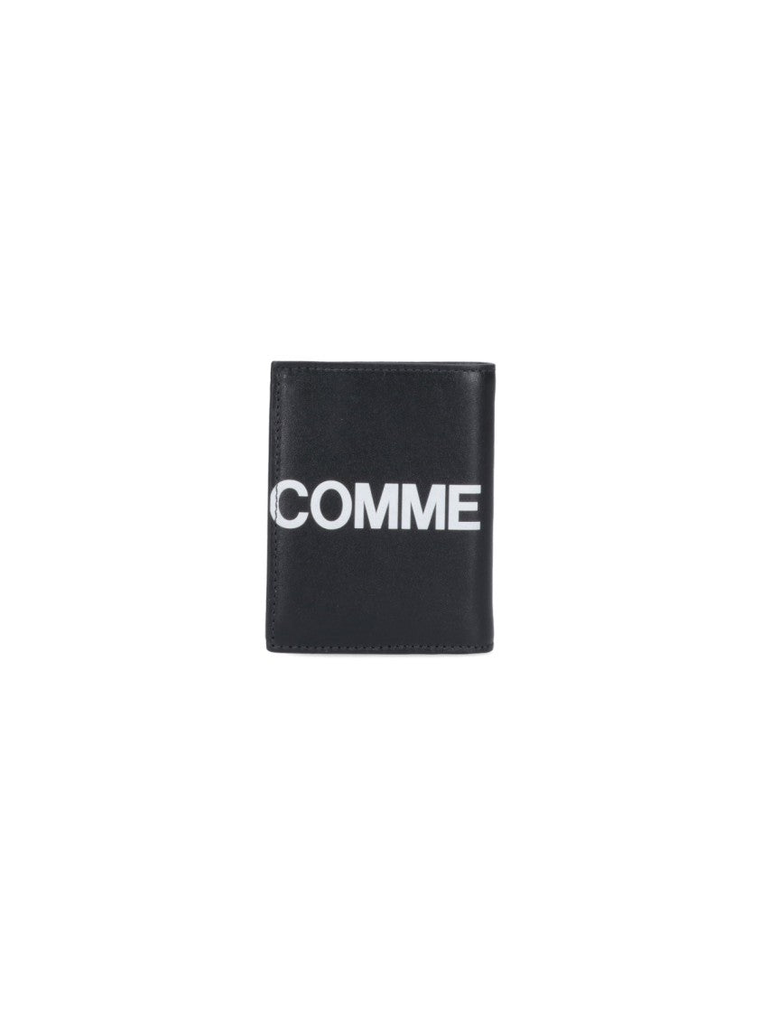 Comme Des Garçons Bifold Wallet In Smooth Black Leather With Contrasting Logo Print