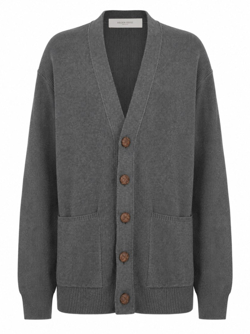 Golden Goose Oversized Grey Cotton Cardigan With Logo Detail