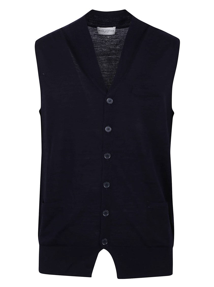 Ballantyne Slim Fit Black Waistcoat With V-Neck And Button Closure