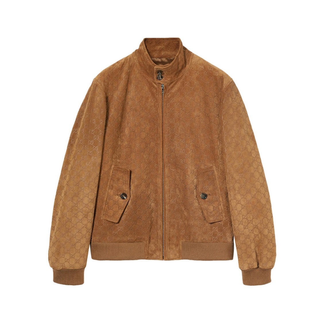Gucci Calfskin Leather Gg Bomber Jacket With Zip Closure