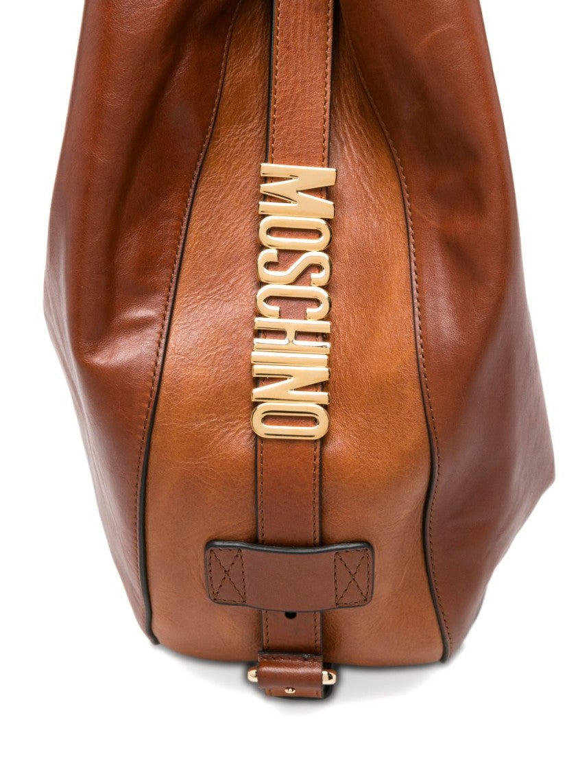 Moschino Brown Soft Structured Leather Silk Bag