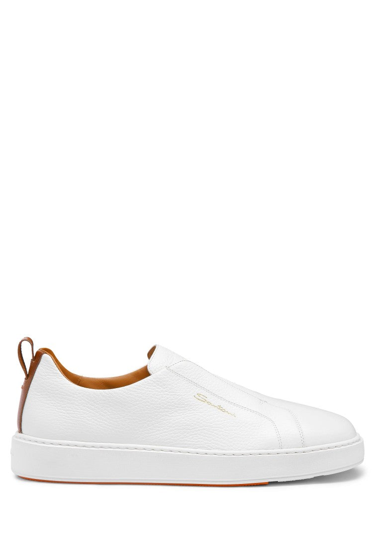 Santoni White Pebbled Leather Slip-On Sneakers