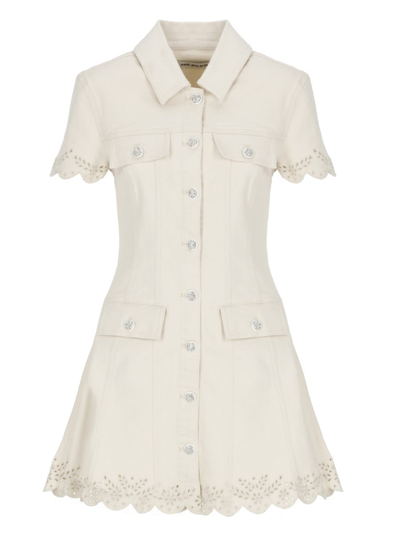 Self-Portrait Ivory Denim Mini Dress With Structured Collar And Lace Trims
