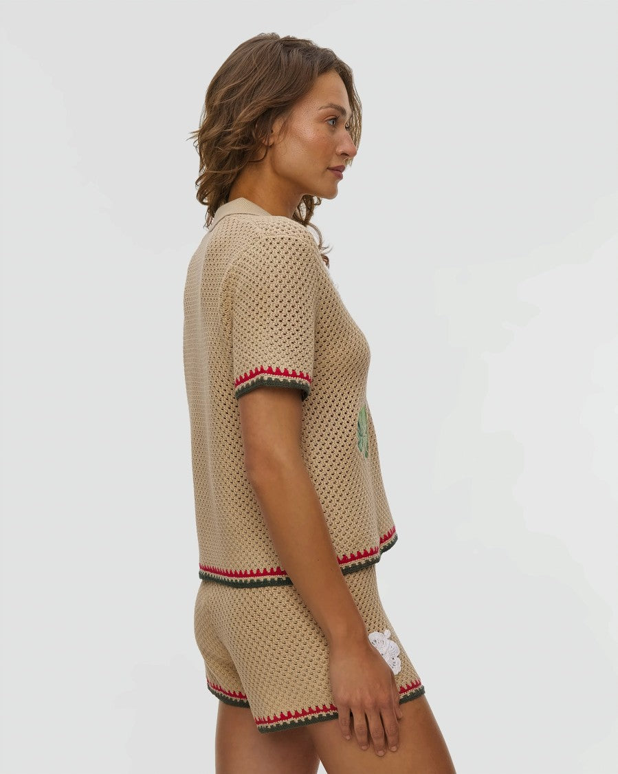 Mc2 Saint Barth Beige Open-Knit Short-Sleeve Top With Playful Embroidery