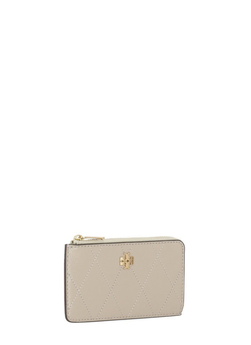 Tory Burch Beige Quilted Leather Gold Logo Card Holder