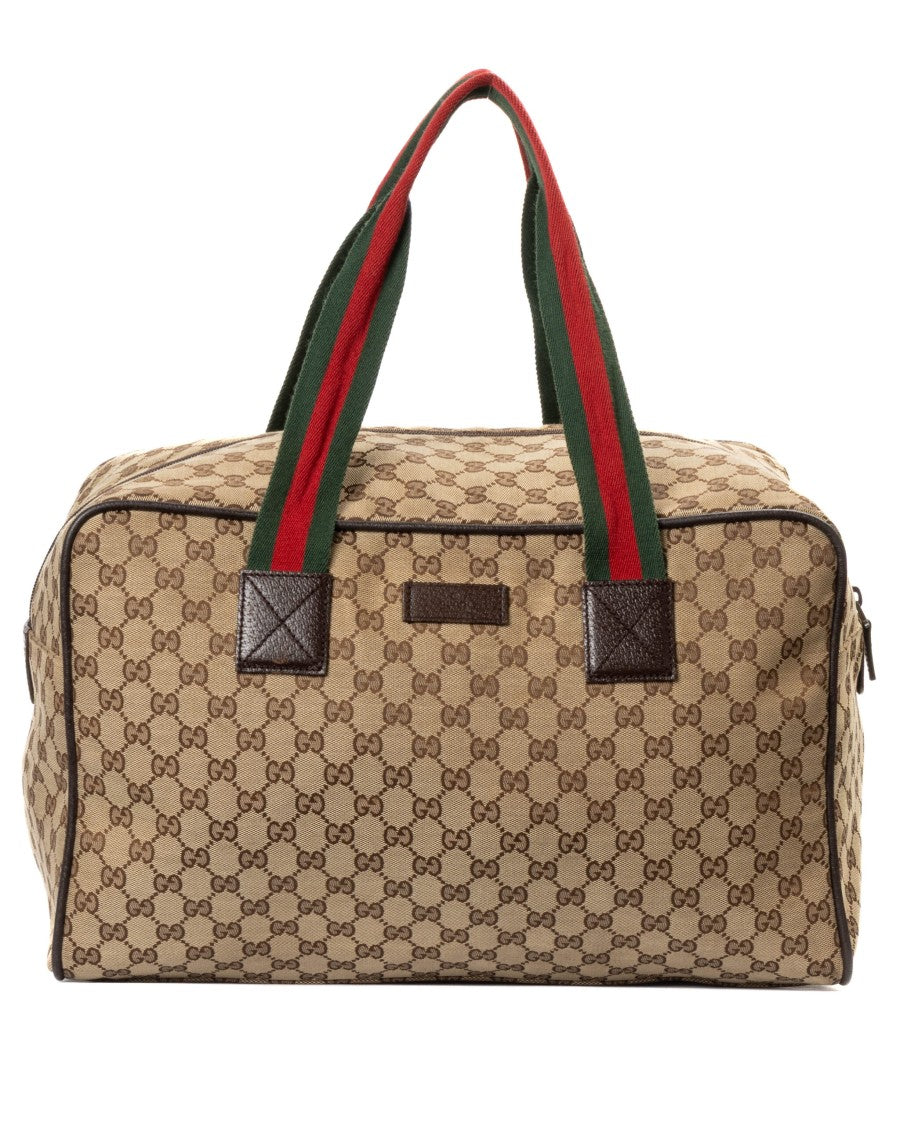 Gucci Web Gg Supreme Canvas Tote With Brown Leather Accents