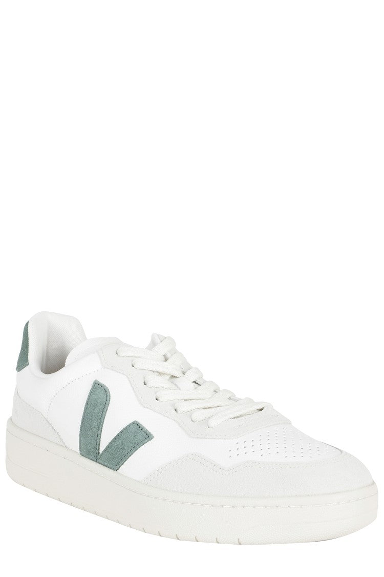 Veja White V90 Leather Green-Logo Leather Sneakers