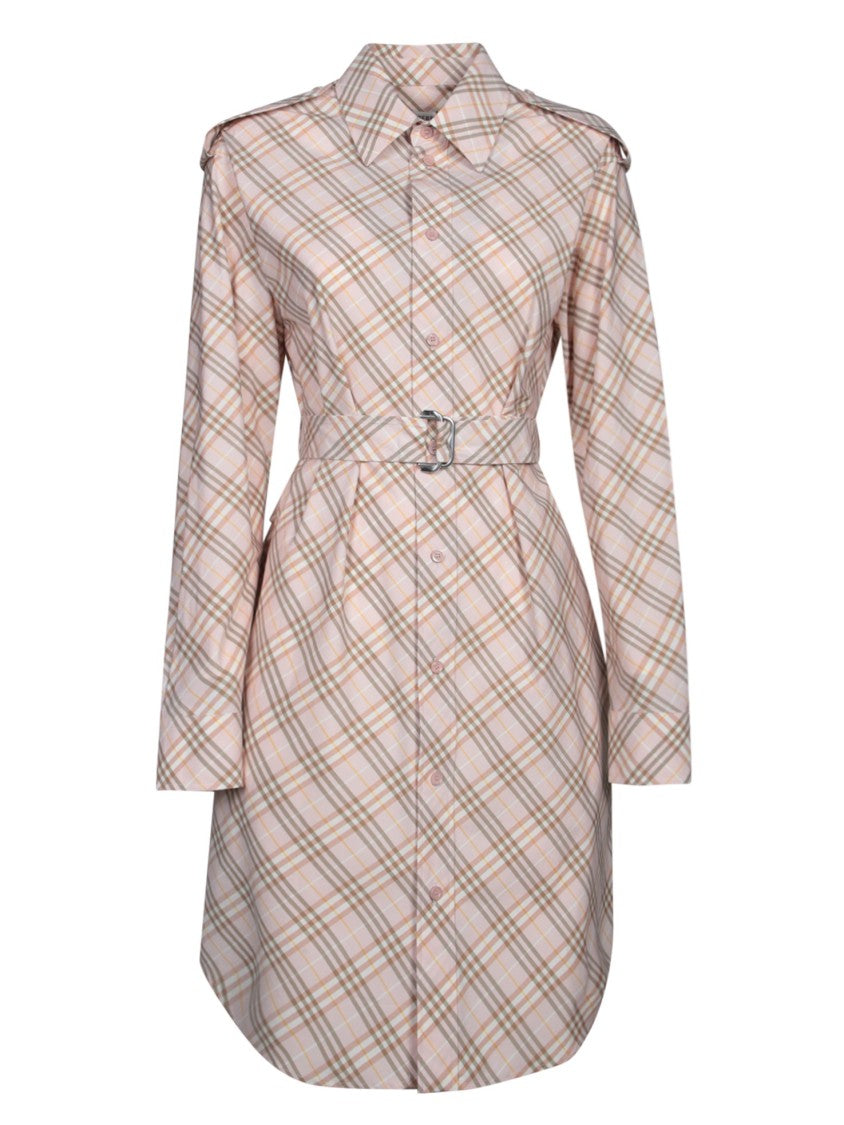 Burberry Belted Shirt Dress With Subtle Plaid Pattern