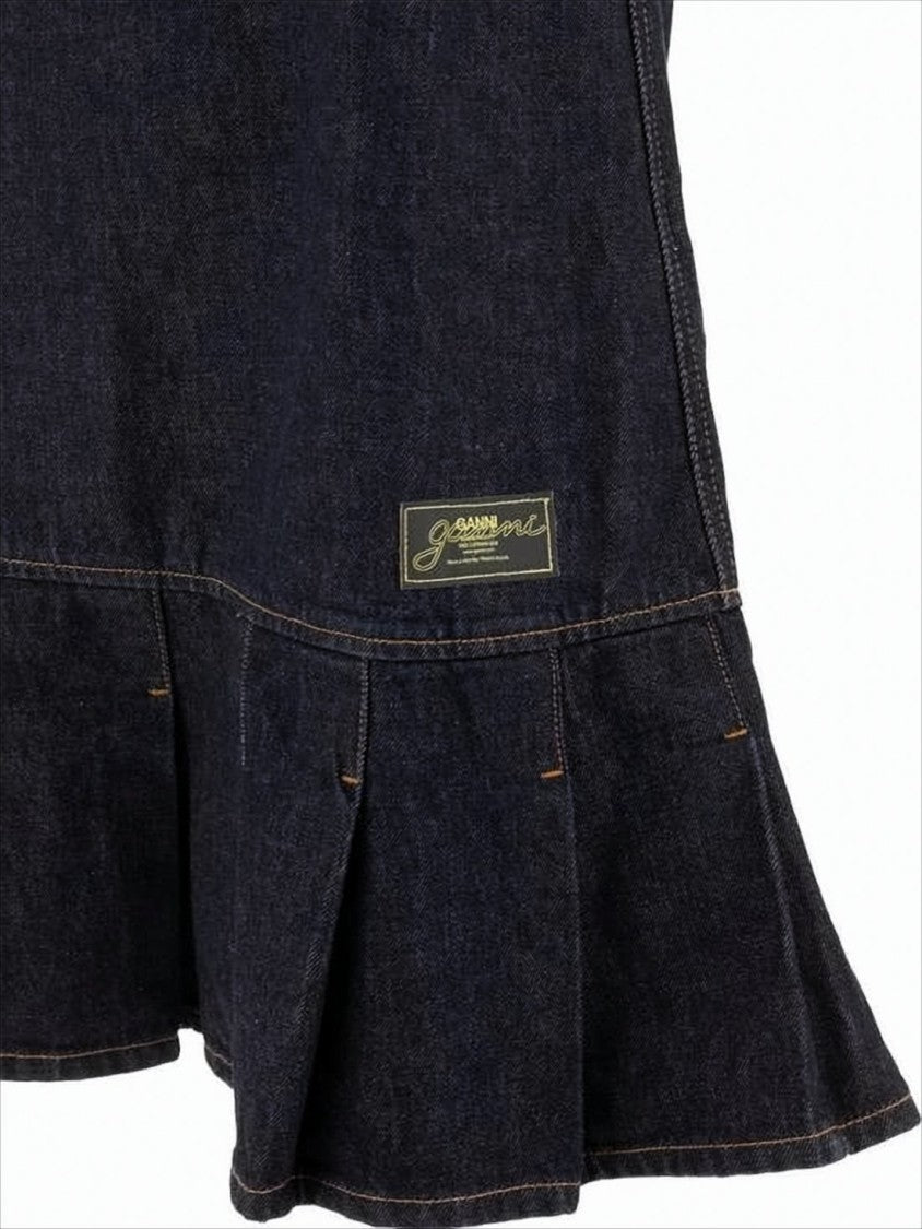 Ganni Ruffled Hem Denim Mini Dress With Thin Shoulder Straps