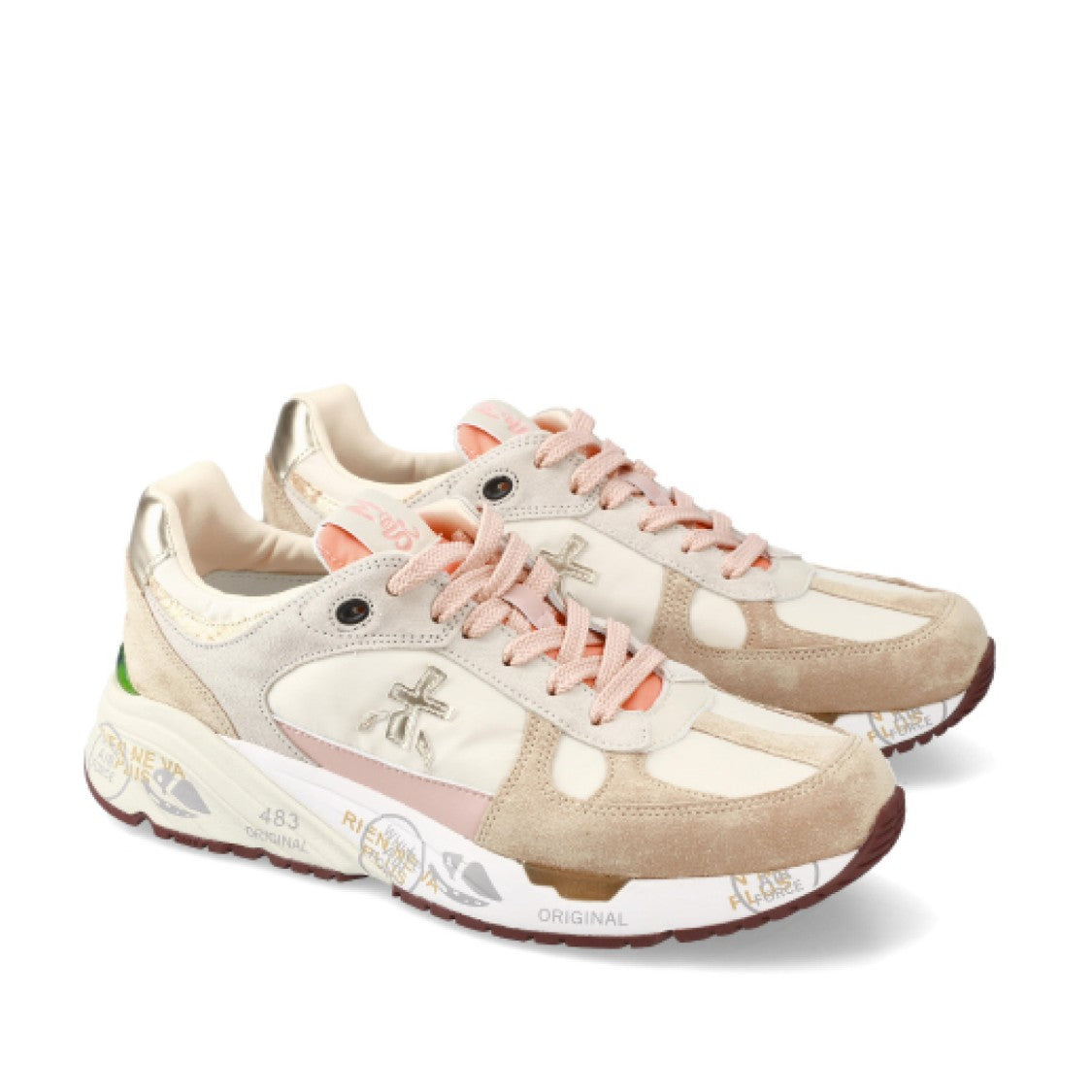 Premiata Beige Suede And Fabric With Pink Leather Details Mased Sneakers