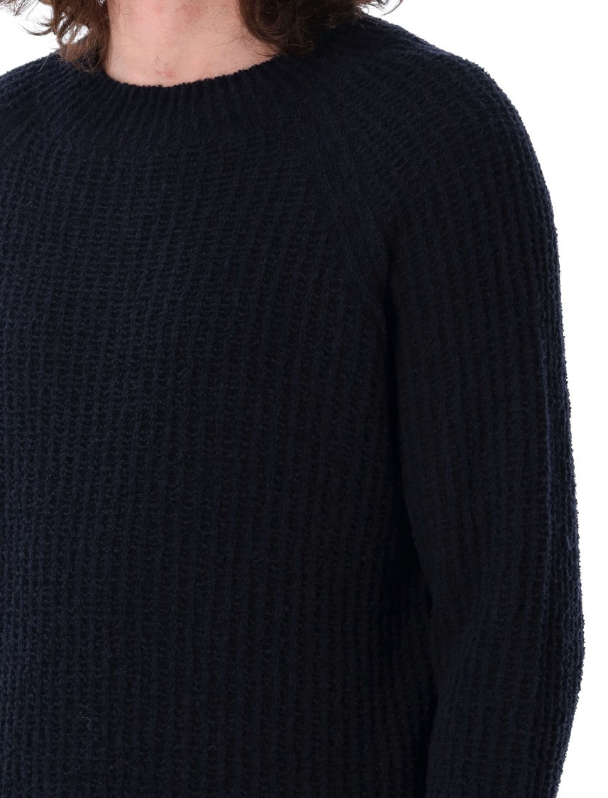 Sunflower Textured Knit Navy Sweater With Crew Neck And Dropped Shoulders
