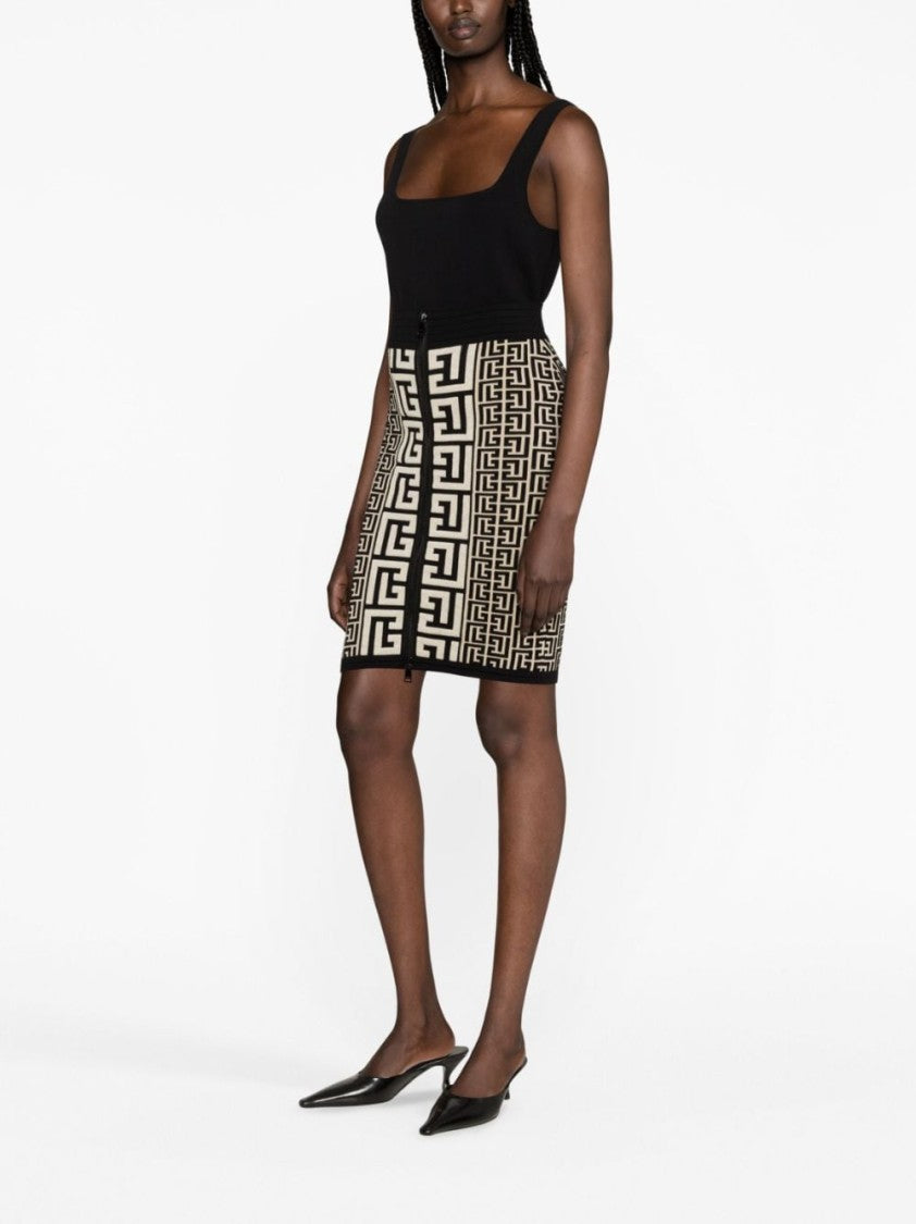 Balmain Neutral Monogram Knit Geometric Wool Skirt