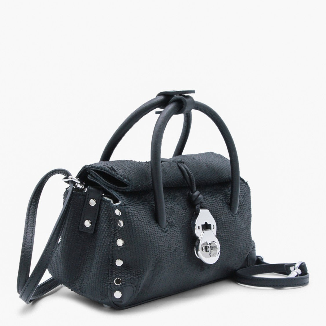 Zanellato Textured Black Structured Handbag With Silver-Tone Accents
