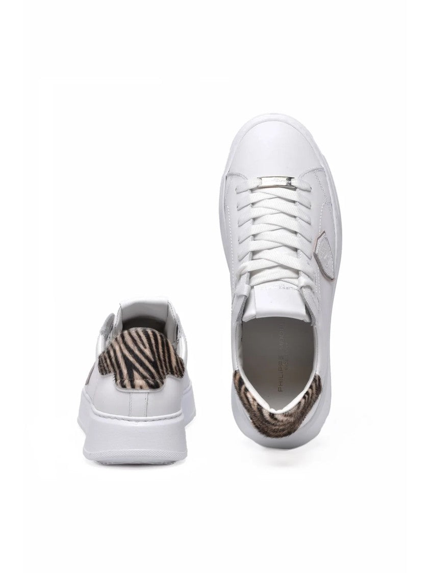 Philippe Model White-Beige Leather Temple Low Sneakers