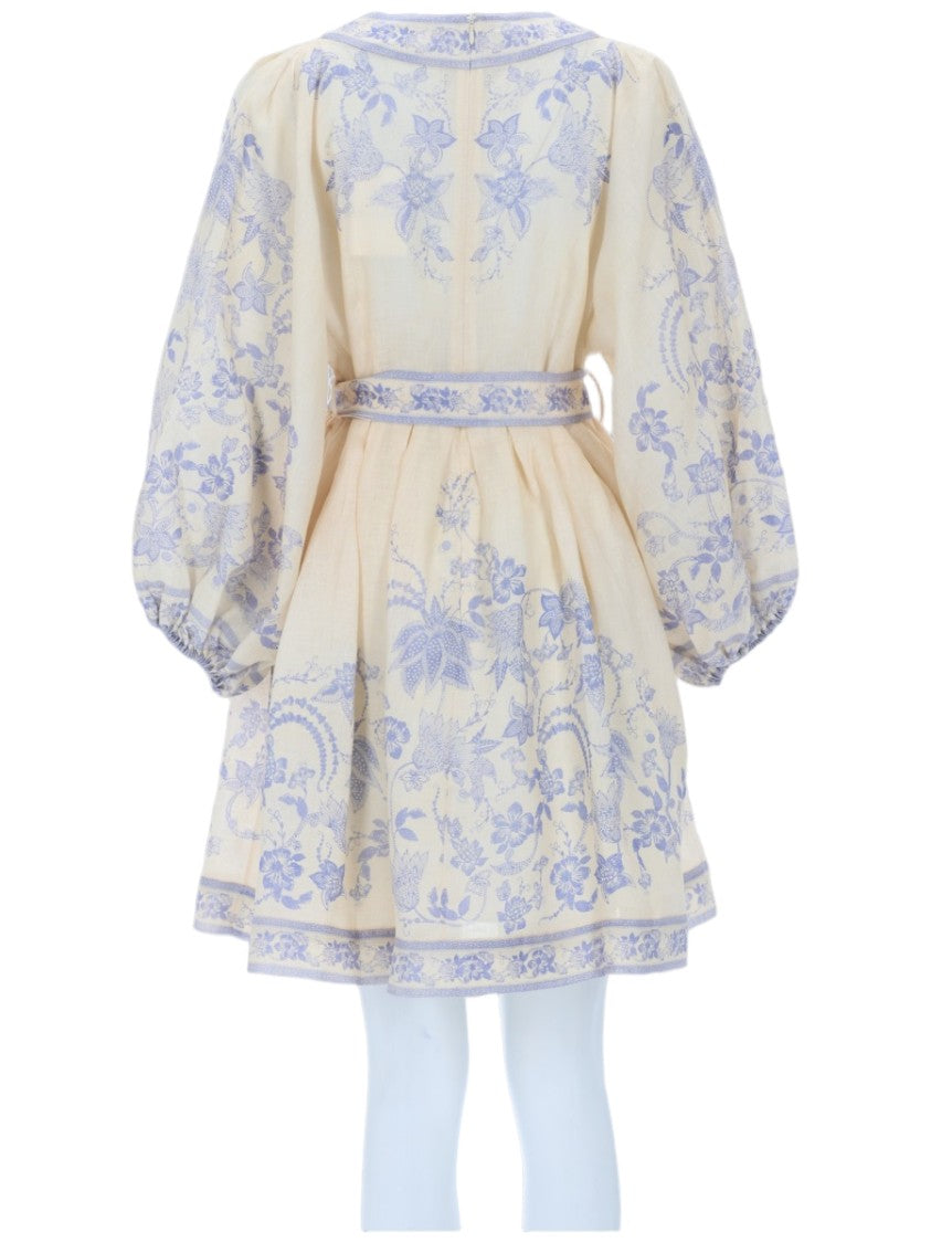 Zimmermann Indra Plunge Puff Sleeves Floral Linen Mini Dress