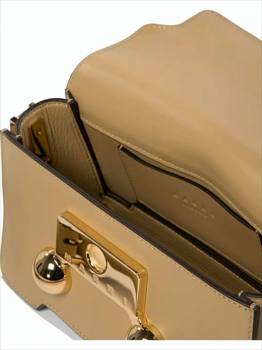 Marni Structured Beige Calf Leather Crossbody Bag With Gold Accents