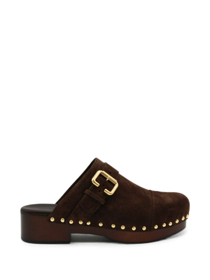 Chloé Dark Brown Suede Press Studs Monogram Flats