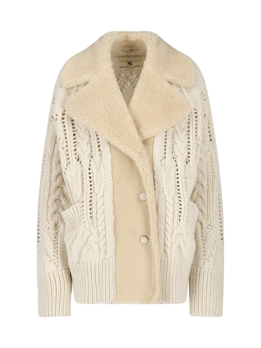 Ermanno Scervino Cream Shearling Collar Virgin Wool Cardigan
