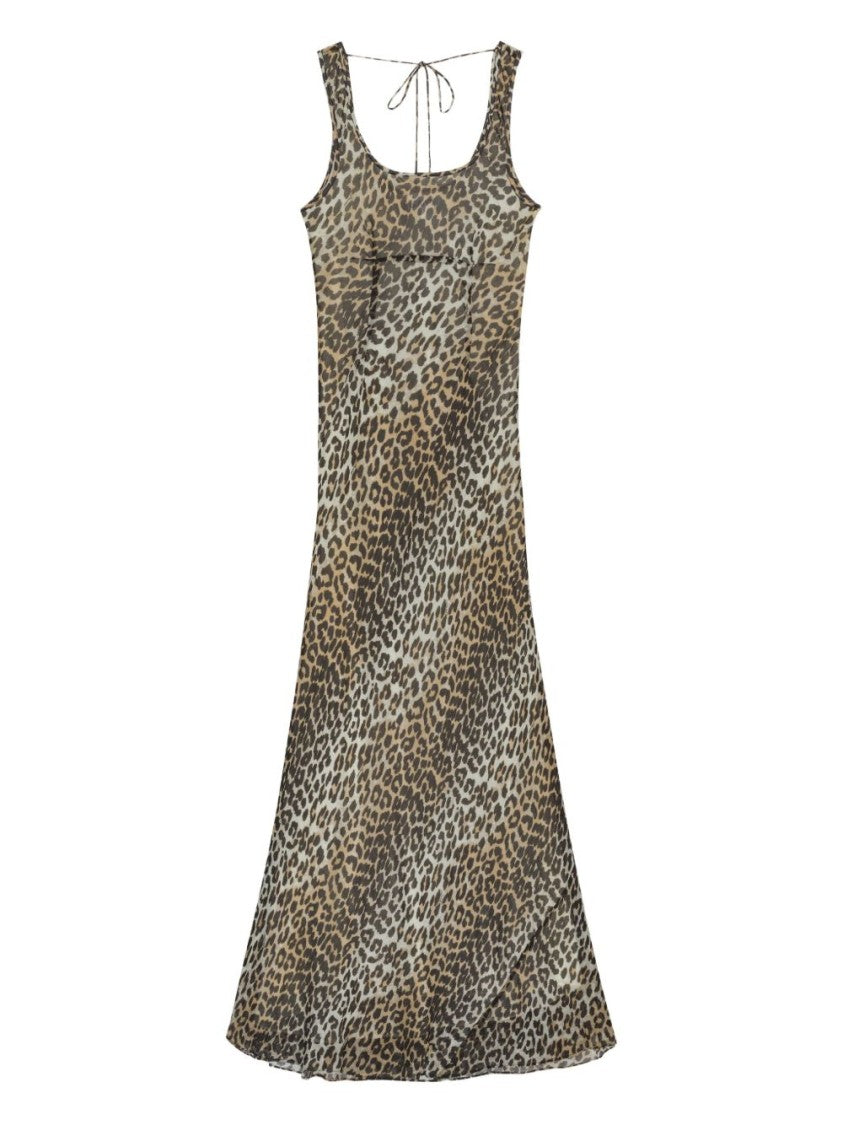 Ganni Leopard Print Maxi Dress With Scoop Neckline