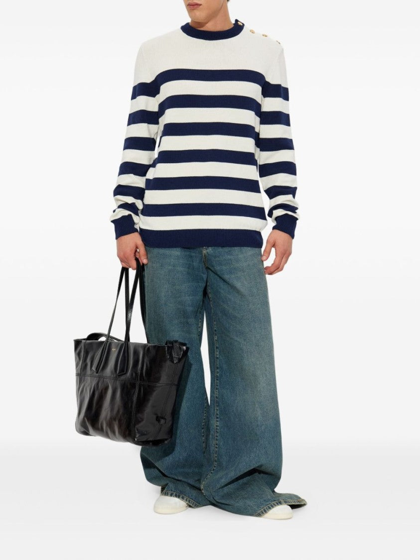 Balmain White Black Striped Shoulder Button Sweater