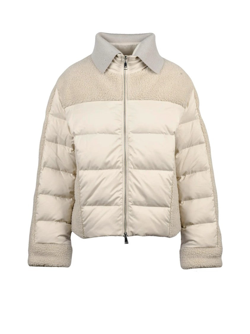 Add Cropped Beige Down Jacket With Textured Fleece And Quilted Panels