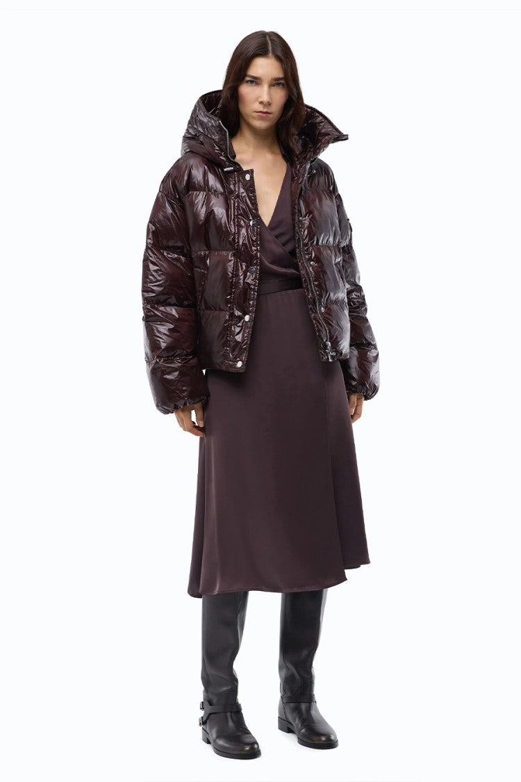 Pinko Burgundy Glossy Hooded Polyester Puffer Jacket