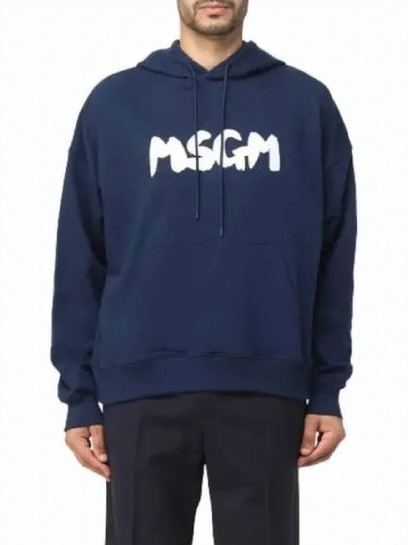 Msgm Fit Navy Blue Hoodie With Bold Graphic Logo