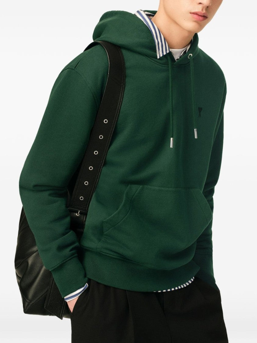 Ami Paris Deep Green Pullover Hoodie With Adjustable Drawstring