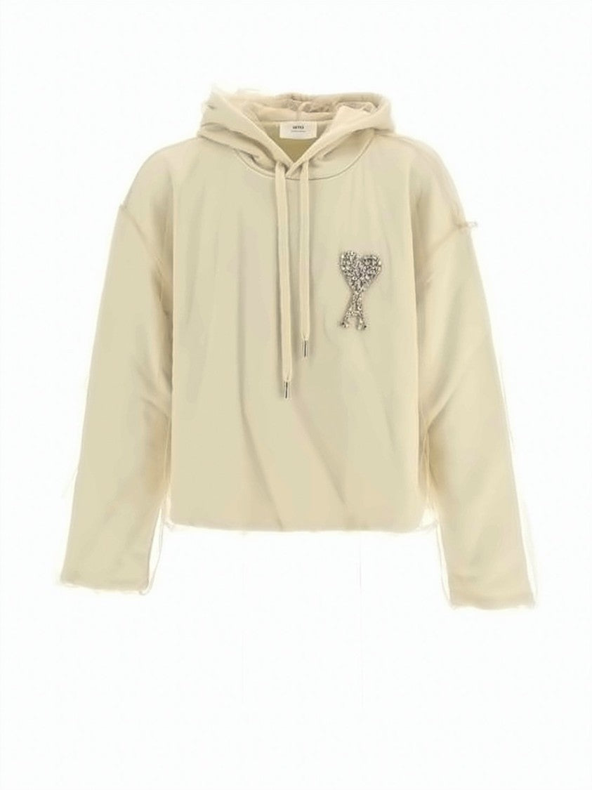 Ami Paris Cropped Relaxed-Fit Hoodie With Embellished Heart Logo