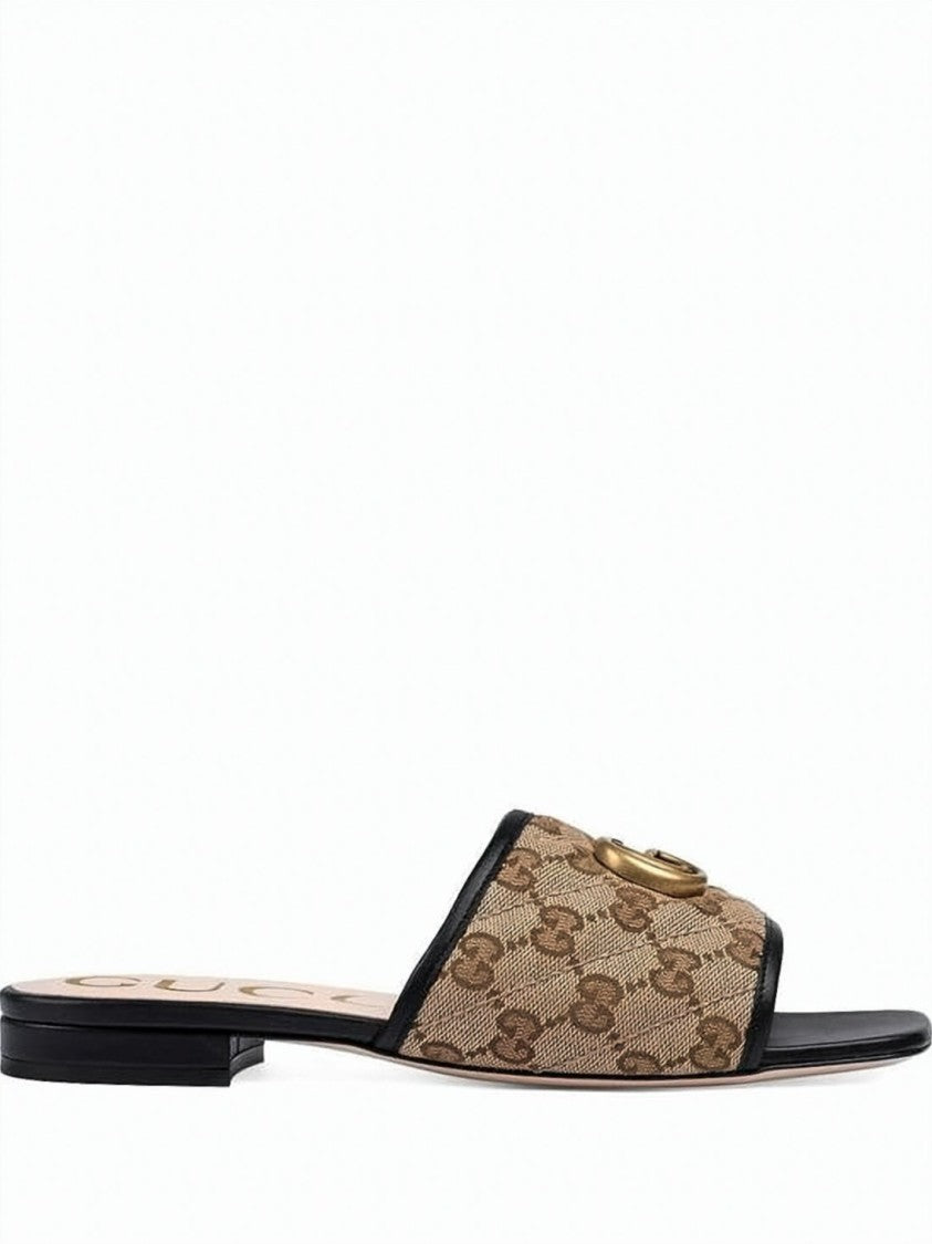 Gucci Beige Monogram Canvas Slip-On Sandals With Gold-Tone Logo