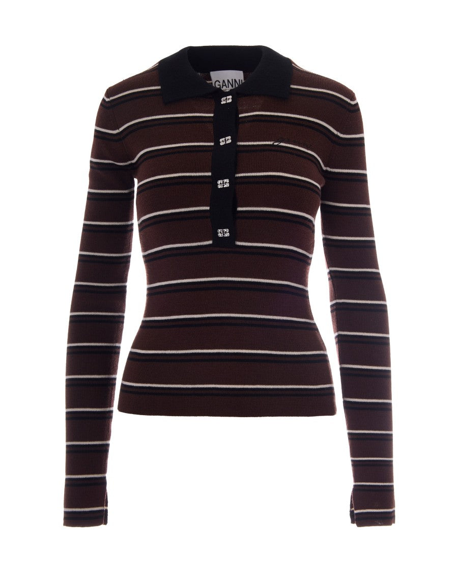 Ganni Slim-Fit Ribbed Merino Wool Polo Top