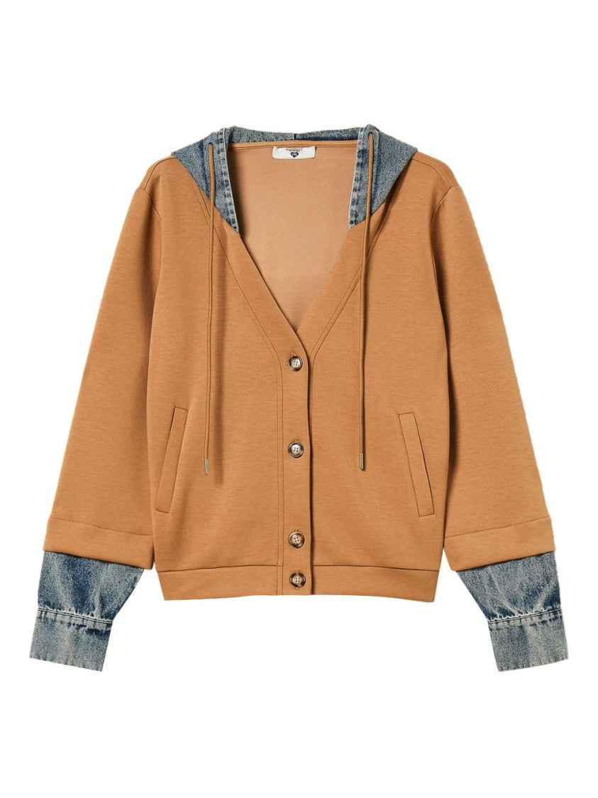 Twinset U&B Camel Mixed-Material Sweater With Denim Accents