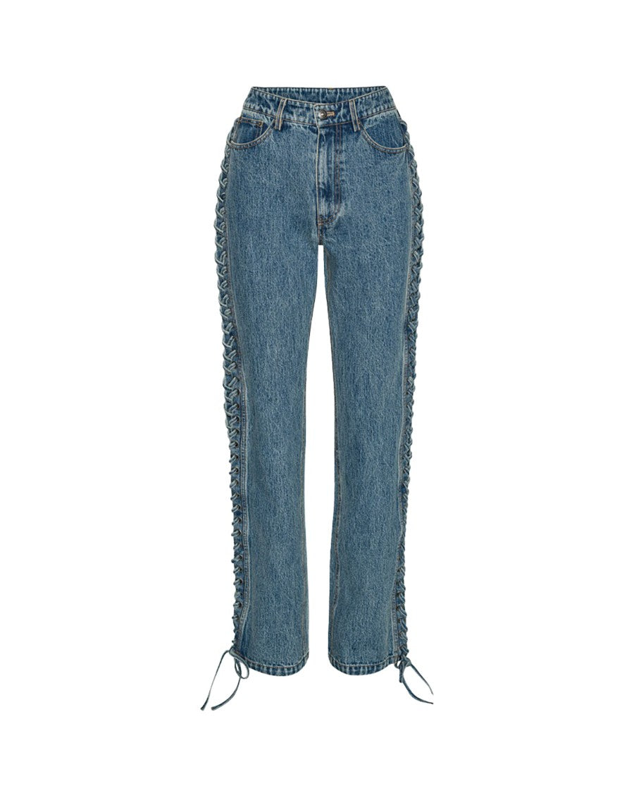 Rotate Laced Straight Leg Blue Denim Jeans