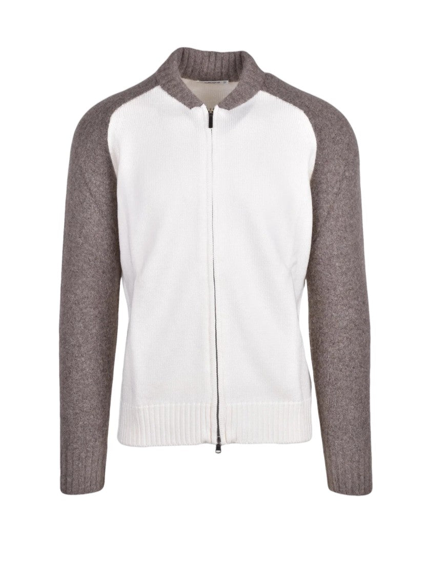 Kangra White-Brown Merino Wool Zip Cardigan