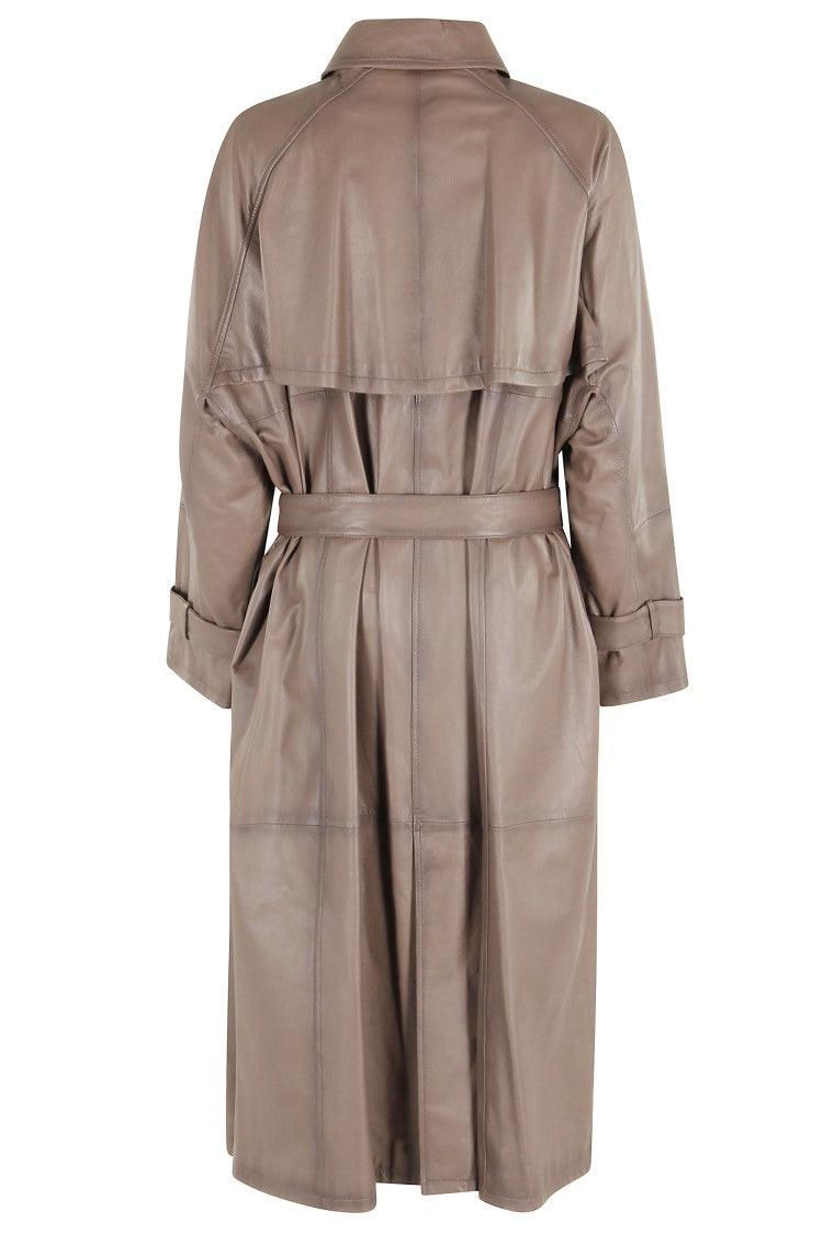Emporio Armani Beige Double-Breasted Leather Trench Coat