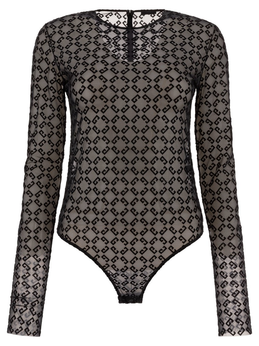 Givenchy Flocked Velvet Monogram Bodysuit In Sheer Tulle