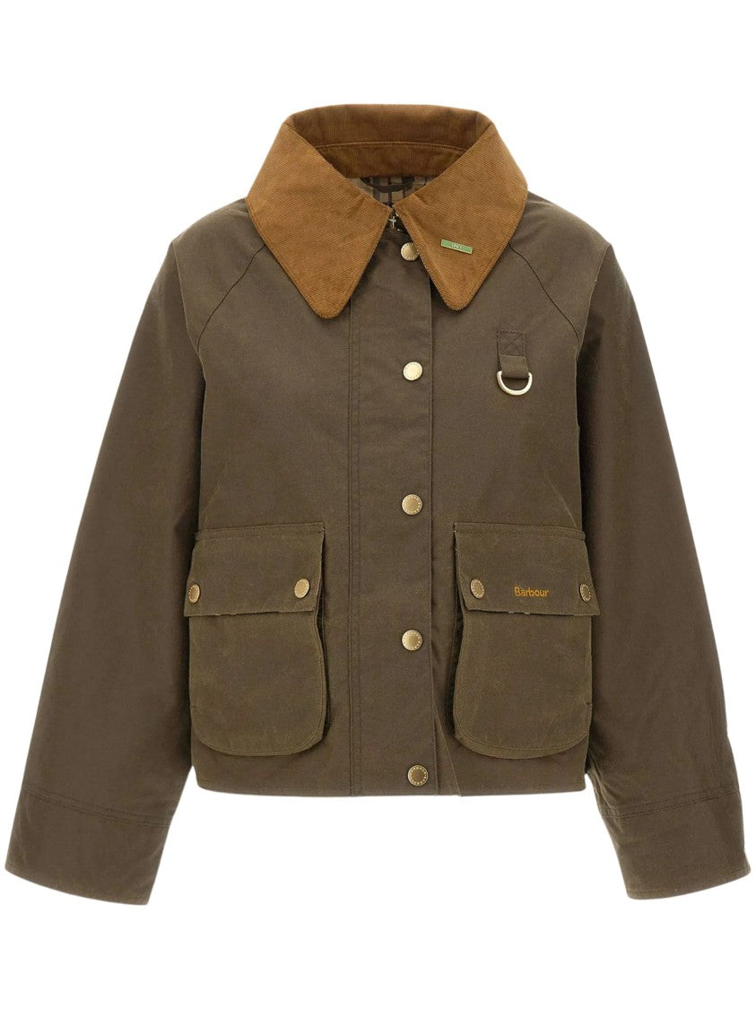 Barbour Cropped Hazelnut Brown Waxed Cotton Jacket With Contrasting Corduroy Collar