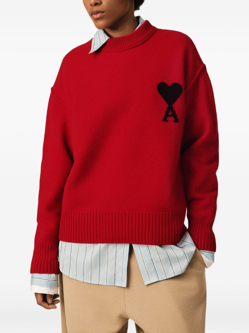 Ami Paris Boxy Fit Red Knit Sweater With Embroidered Heart Detail