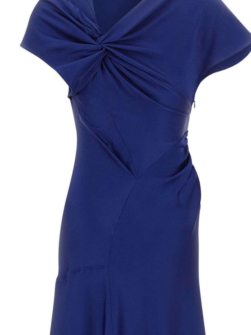 Victoria Beckham Blue Asymmetric Hem Midi Dress With Short Sleeves And Draped Details