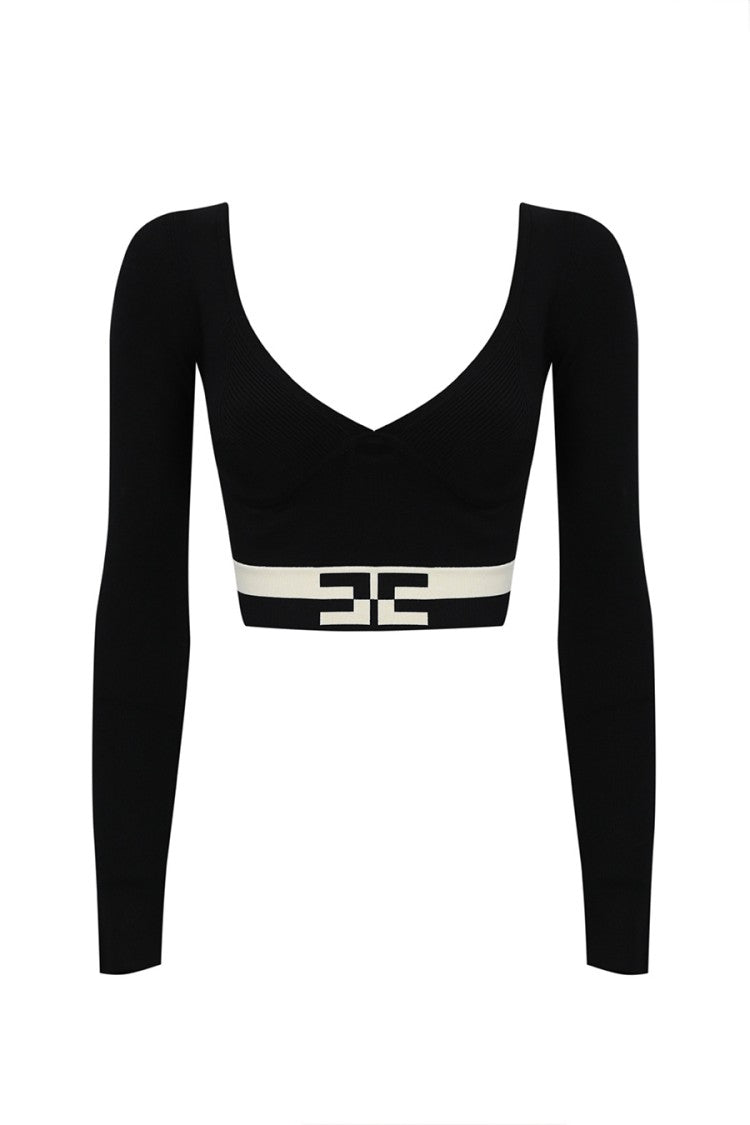 Elisabetta Franchi Fitted Multicolor V-Neck Sweater With Contrasting Waist Band