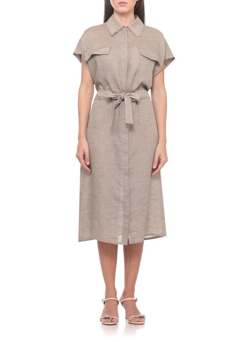 Fabiana Filippi Brown Linen Midi Dress With Classic Collar And Belted Waist