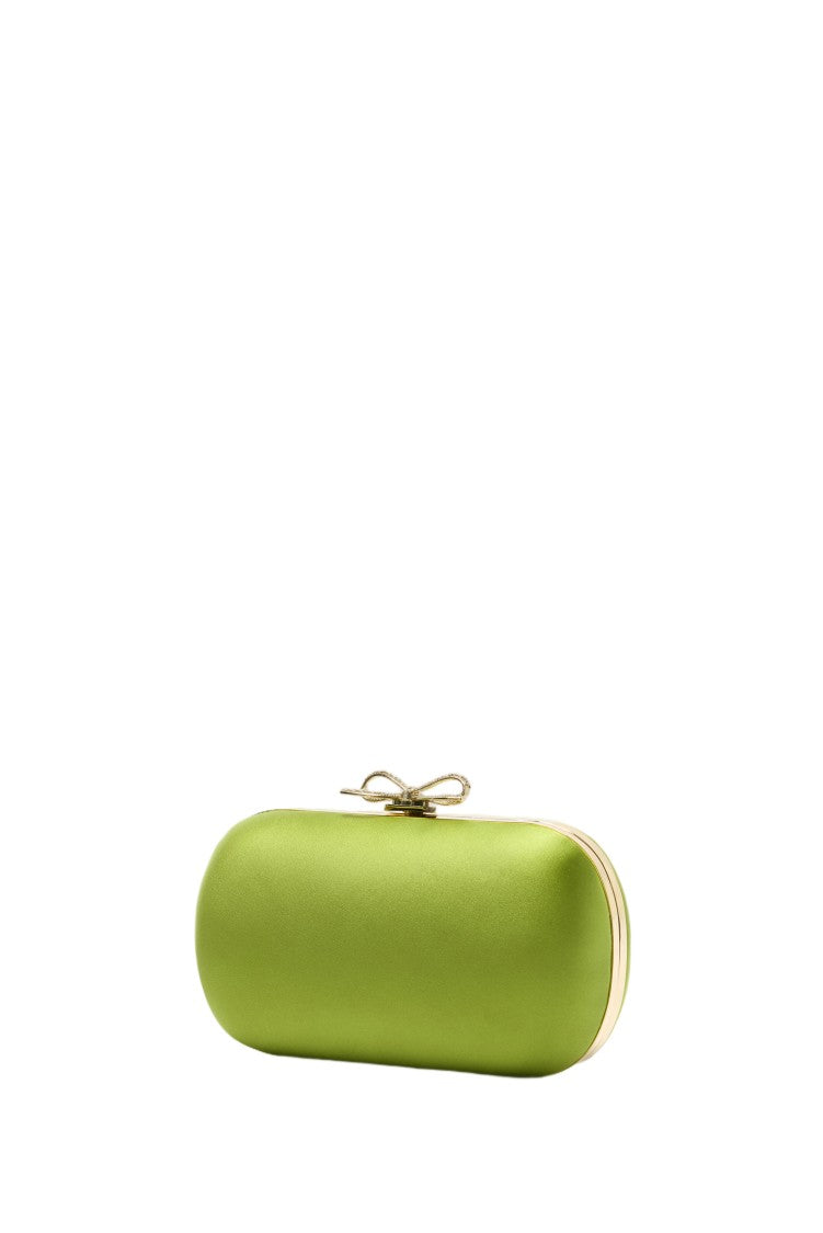 Self-Portrait Lustrous Green Satin Clutch Bag With Crystal Bow Detail