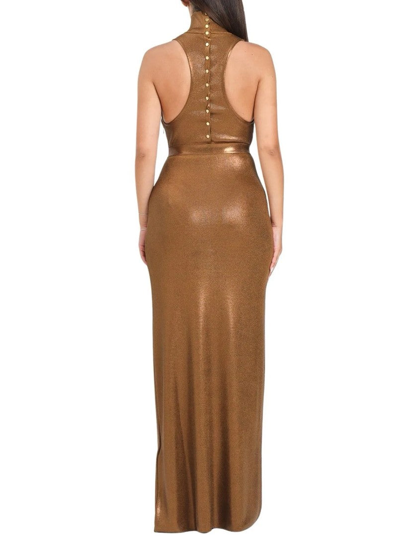 Red Carpet E. Franchi Long Form-Fitting Bronze Maxi Dress With Racerback And Button Detail