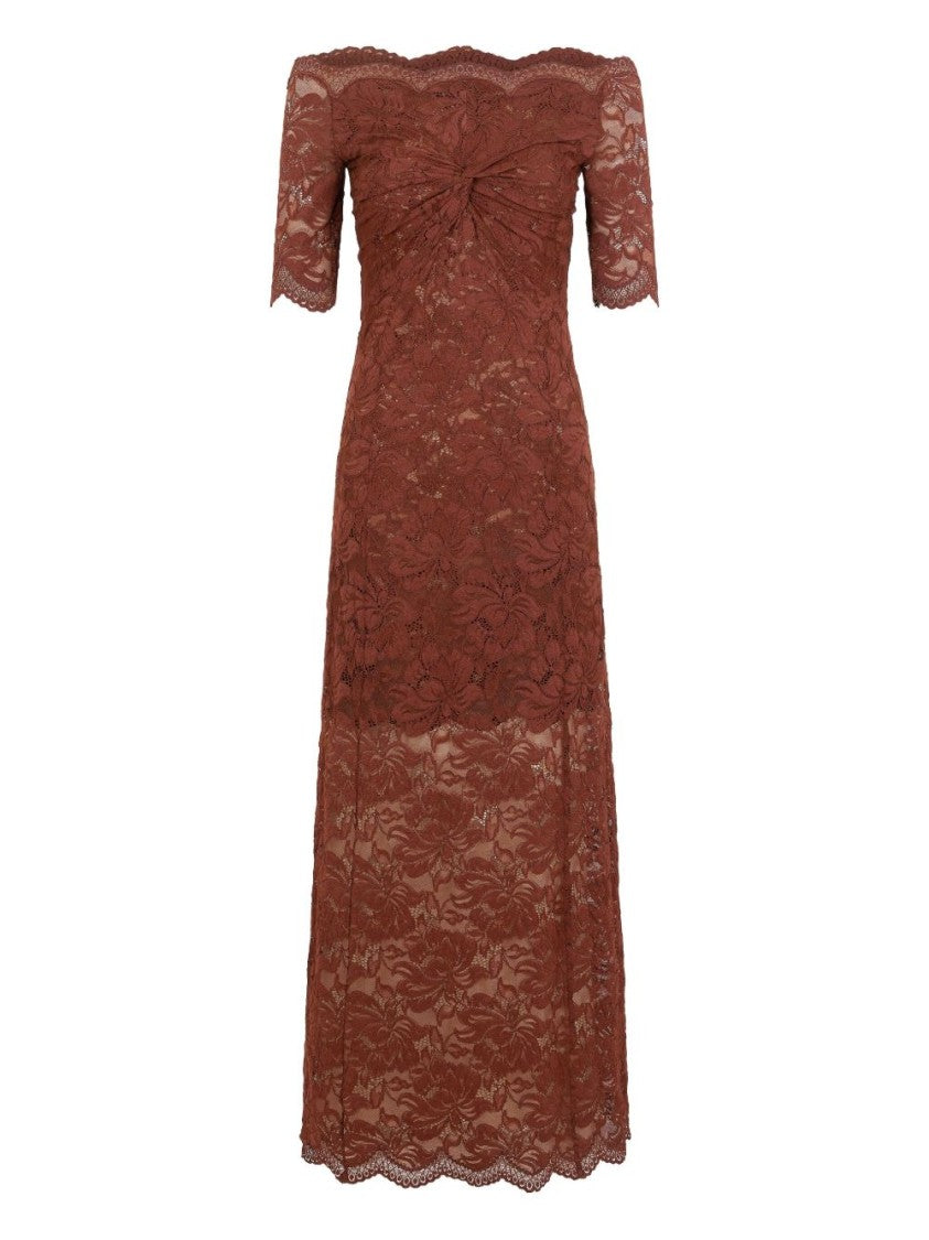 Rabanne Off-The-Shoulder Brown Midi Dress With Twisted Knot Detail